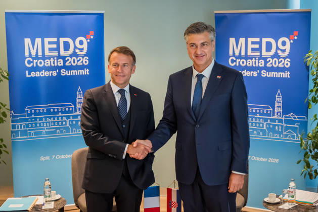EU MED9 Bilateral meet Plenkovic - Macron Croatian Prime Minister Andrej Plenkovic meets French President Emmanuel Macron during bilateral meetings on the sidelines of the EU MED9 summit in Split, Croatia on October 7, 2027.  ZvonimirxBarisin PIXSELL