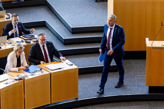 October 7, 2026, GER, Politics News, 56th Plenary Session in the Plenary Hall of the Thuringian State Parliament: Björn Höcke (AfD Thuringia), Mario Voigt, 99096 Erfurt, Thuringian State Parliament, Thuringia, Germany