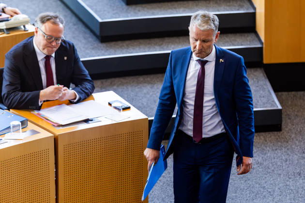 October 7, 2026, GER, Politics News, 56th Plenary Session in the Plenary Hall of the Thuringian State Parliament: Björn Höcke (AfD Thuringia), Mario Voigt, 99096 Erfurt, Thuringian State Parliament, Thuringia, Germany