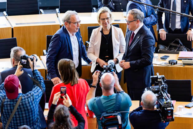October 7, 2026, GER, Politics News, 56th Plenary Session in the Plenary Hall of the Thuringian State Parliament: Mario Voigt, Georg Maier, Katja Wolf, 99096 Erfurt, Thuringian State Parliament, Thuringia, Germany