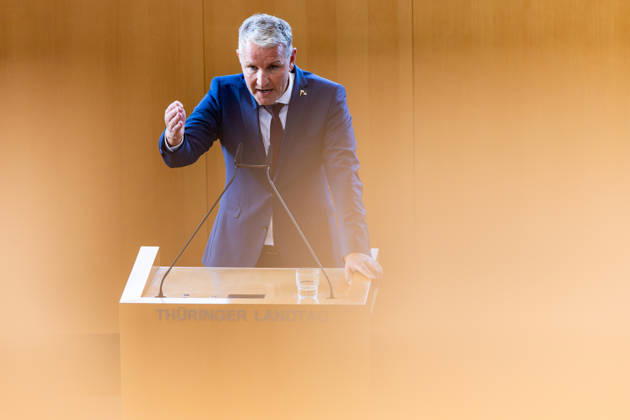 October 7, 2026, GER, Politics News, 8th Legislative Session, 56th Plenary Session in the Plenary Hall of the Thuringian State Parliament. Pictured: Björn Höcke. Subject of the special session: Dissolution of the 8th Thuringian State Parliament pursuant to Article 50, Paragraph 2, Sentence 1, No. 1 of the Constitution of the Free State of Thuringia. 99096 Erfurt, Thuringian State Parliament, Thuringia, Ger