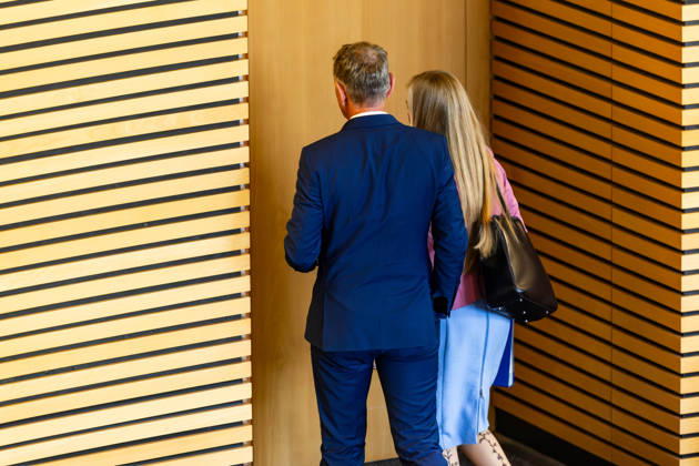 October 7, 2026, GER, Political News, 8th Legislative Session, 56th Plenary Session in the Plenary Hall of the Thuringian State Parliament; Björn Höcke leaves the plenary hall together with Wiebke Muhsal; Subject of the special session: Dissolution of the 8th Thuringian State Parliament pursuant to Article 50, Paragraph 2, Sentence 1, No. 1 of the Constitution of