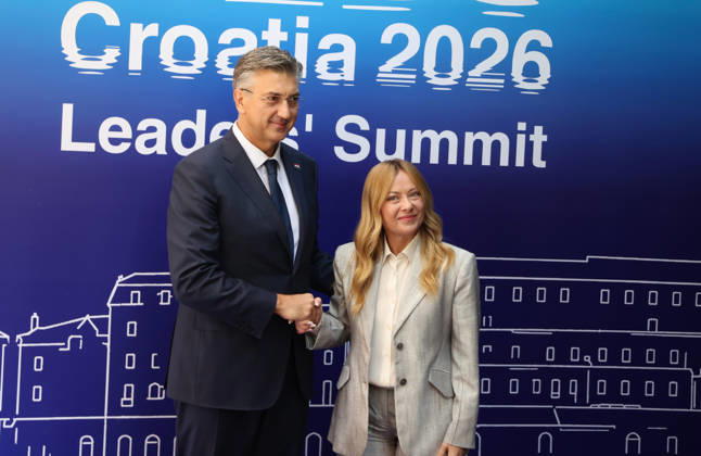 EU MED9 Prime Minister of Croatia Andrej Plenkovic welcomes Prime Minister of Italy Giorgia Meloni for EU MED9 summit at Split, Croatia on October 7, 2026.  IvoxCagalj PIXSELL