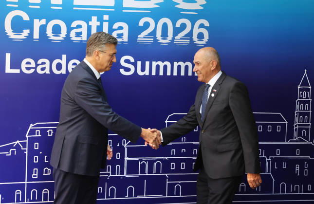 EU MED9 Prime Minister of Croatia Andrej Plenkovic welcomes Prime Minister of Slovenia Janez Jansa for EU MED9 summit at Split, Croatia on October 7, 2026.  IvoxCagalj PIXSELL