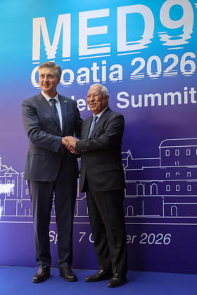 EU MED9 Prime Minister of Croatia Andrej Plenkovic welcomes President of the European Council Antonio Costa for EU MED9 summit at Split, Croatia on October 7, 2026.  IvanaxIvanovic PIXSELL