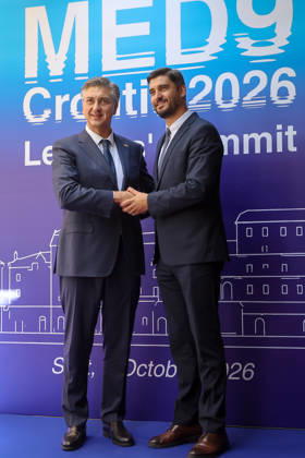 EU MED9 Prime Minister of Croatia Andrej Plenkovic welcomes Stipe Cogelja for EU MED9 summit at Split, Croatia on October 7, 2026.  IvanaxIvanovic PIXSELL