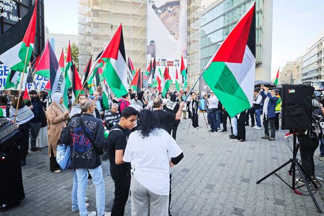 Berlin, Germany, October 7, 2026: Pro-Palestinian demonstration on the third anniversary of the Hamas attack on Israel near Checkpoint Charlie in the Mitte district Copyright: xdtsxNachrichtenagenturx dts_137507