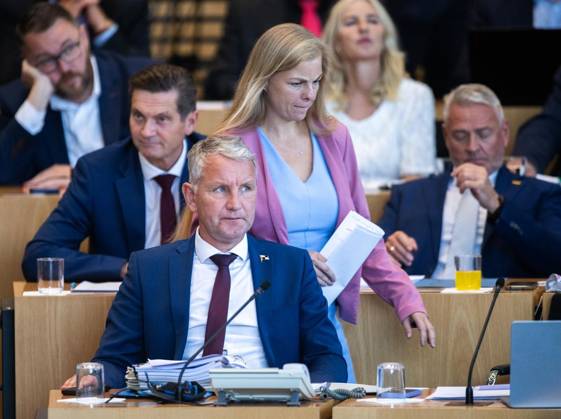 8 THURINGIAN STATE PARLIAMENT 56th PLENARY SESSION ** FOR EDITORIAL USE ONLY ** EDITORIAL USE ONLY ** Oct. 7, 2026, Erfurt, Thuringian State Parliament, 8th Legislative Session, 56th Plenary Session. Photo: Björn Höcke (AfD), parliamentary group leader; Wiebke Muhsal (AfD). Germany, Thuringia, Erfurt. Copyright SaschaxFromm Copyright: SaschaxFromm doc87xel23wckz1m1vt9g26 ,EDITORIAL USE ONLY Copyright: SaschaxFromm