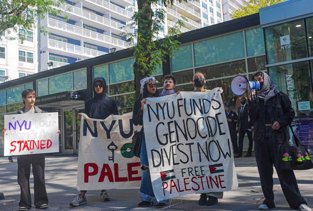 Pro-Palestinian protest at New York University NEW YORK, UNITED STATES - OCTOBER 04: A group of pro-Palestinian New York University (NYU) students walked out of classes to protest NYU and Israel, and marched outside the school buildings in New York, U.S., on October 7, 2026, marking the anniversary of the October 7 attacks on Gaza. Selcuk Acar Anadolu New York United States. Editorial use only. Please get in touch for any other usage.  Copyright: x2026xAnadoluxSelcukxAcarx