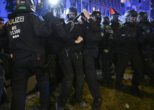 Police in Berlin intervened in demonstrations in support of Palestinians BERLIN, GERMANY - OCTOBER 7: German police detain a protestor during a pro-Palestinian demonstration in Berlin, Germany on October 7, 2026. More than a thousand demonstrators gathered at Oranien Square to protest Israeli attack on Gaza and marched toward Hermann Square before police broke up the rally near the Kottbusser Tor subway station, detaining numerous participants. Halil Sagirkaya Anadolu Berlin Germany. Editorial use only. Please get in touch for any other usage.  Copyright: x2026xAnadoluxHalilxSagirkayax