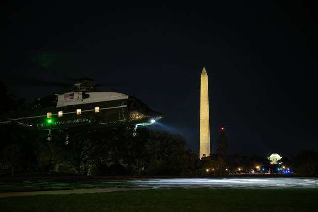 October 8, 2026, Washington, District Of Columbia, United States: President DONALD TRUMP arrives back at the White House aboard Marine One following a trip to San Antonio, Texas, where he attended a campaign rally ahead of the November midterm elections. Washington United States  - ZUMAk206 20261008_znp_k206_001 Copyright: xMattxKaminskyx