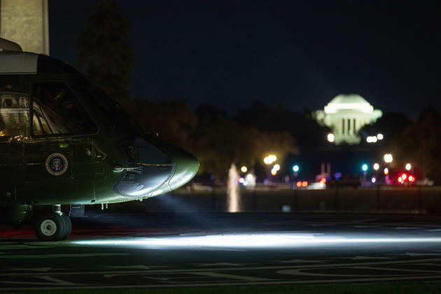 October 8, 2026, Washington, District Of Columbia, United States: President DONALD TRUMP arrives back at the White House aboard Marine One following a trip to San Antonio, Texas, where he attended a campaign rally ahead of the November midterm elections. Washington United States  - ZUMAk206 20261008_znp_k206_004 Copyright: xMattxKaminskyx
