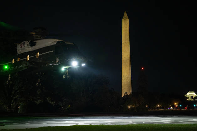 October 8, 2026, Washington, District Of Columbia, United States: President DONALD TRUMP arrives back at the White House aboard Marine One following a trip to San Antonio, Texas, where he attended a campaign rally ahead of the November midterm elections. Washington United States  - ZUMAk206 20261008_znp_k206_016 Copyright: xMattxKaminskyx