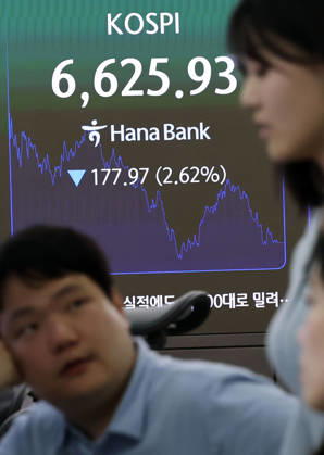 KOSPI plummets KOSPI plummets A financial data screen in the dealing room of Hana Bank in Seoul on Oct. 8, 2026, shows the benchmark Korea Composite Stock Price Index having sunk 177.97 points, or 2.62 percent, to close at 6,625.93. Seoul shares closed sharply lower to extend their losses for a third consecutive session, as elevated oil prices stoked inflation worries. (Yonhap) 2026-10-08 15:59:17 <Copyright ¨Ï 1980-2026 YONHAPNEWS AGENCY. .> ¼­¿ïÆ¯º°½Ã EDITORIAL USE ONLY  Copyright: xx plummets ???x yonphotos257512