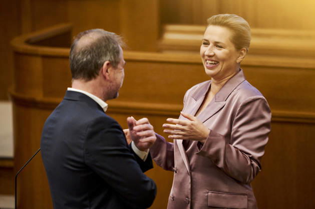 Opening debate in the Danish Parliament: Prime Minister Mette Frederiksen and Minister of Justice Nicolai Wammen, both of the Social Democratic Party, before the opening debate in the Parliament Hall at Christiansborg on Thursday, October 8, 2026. Photo by Thomas Traasdahl, Ritzau Scanpix, Copenhagen, Denmark Copyright: RitzauxScanpix ThomasxTraasdahlx spdk20261008-085044-L