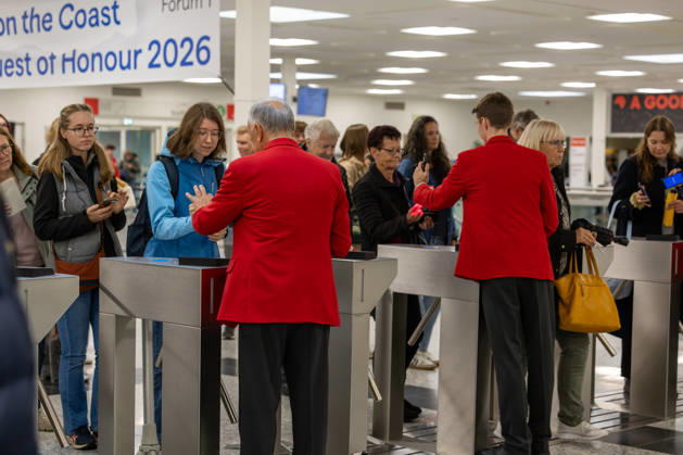 Frankfurt Book Fair 2026 August 10, 2026 Fair staff check the admission credentials of visitors to the 2026 Frankfurt Book Fair at the entrance. Second day of the 2026 Frankfurt Book Fair. Thursday, Frankfurt am Main, Messe Hessen, Germany