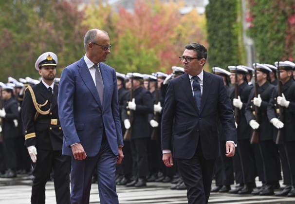 British Prime Minister Burnham welcomed with military ceremony in Berlin BERLIN, GERMANY - OCTOBER 8: German Chancellor Friedrich Merz (L) and British Prime Minister Andy Burnham (2nd L) walk past the honour guards with a military ceremony at the Federal Chancellery in Berlin, Germany, on October 8, 2026. Halil Sagirkaya Anadolu Berlin Germany. Editorial use only. Please get in touch for any other usage.  Copyright: x2026xAnadoluxHalilxSagirkayax