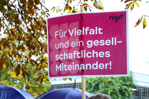 October 8, 2026, Demonstration for the Welfare State in Kiel. Under the slogan Secure Democracy, Strengthen Social Cohesion, welfare organizations in Kiel called for a demonstration. A sign reading For Diversity and Social Cohesion. Kiel, Düsternbrooker Weg, Schleswig-Holstein, Germany