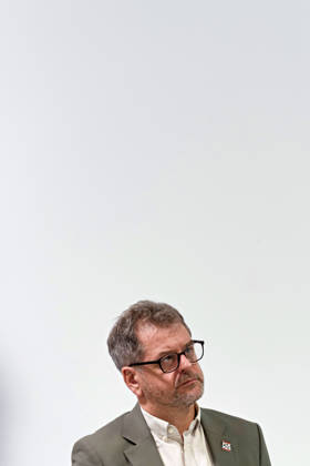 Berlin, October 8, 2026: Werner Graf of Alliance 90 The Greens looks to the side during a joint press statement by The Left Berlin, Alliance 90 The Greens Berlin, and the SPD Berlin following the conclusion of preliminary talks in the foyer of the Haus der Statistik. Press statement by The Left, The Greens, and the SPD in Berlin