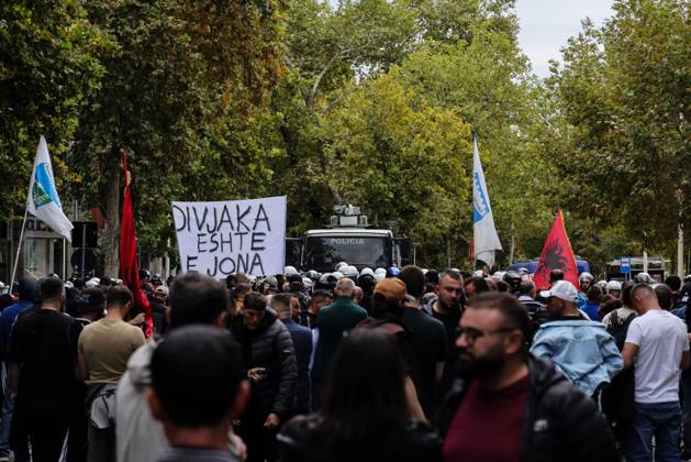 October 8, 2026, Tirane, Albania: TIRANA, ALBANIA Ã¢â‚¬ OCTOBER 8, 2026: Citizens, local activists and supporters of the opposition gather outside the Albanian Parliament as lawmakers debate and vote on proposed changes to the countryÃ¢â‚¬â ¢s administrative-territorial division. The reform proposes reducing the number of municipalities from 61 to 46 through the merger of 15 existing municipalities, including DivjakoÂ«, PolioÂßan and Memaliaj. Residents and representatives of municipalities affected by the proposed changes joined the protest, calling for their municipalities to be preserved. Protesters displayed banners and slogans opposing the proposed mergers. Tensions escalated between protesters and police, with reports of eggs and - ZUMAq101 20261008_zna_q101_060 Copyright: xVlasovxSulajx