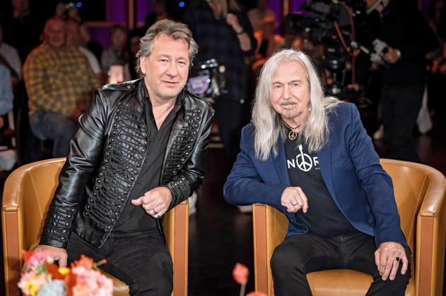 MDR Riverboat singer Claudius Dreilich and guitarist Bernd Römer of KARAT during the taping of the MDR talk show Riverboat on October 8, 2026, at Mediacity Leipzig 20261008SFL0065