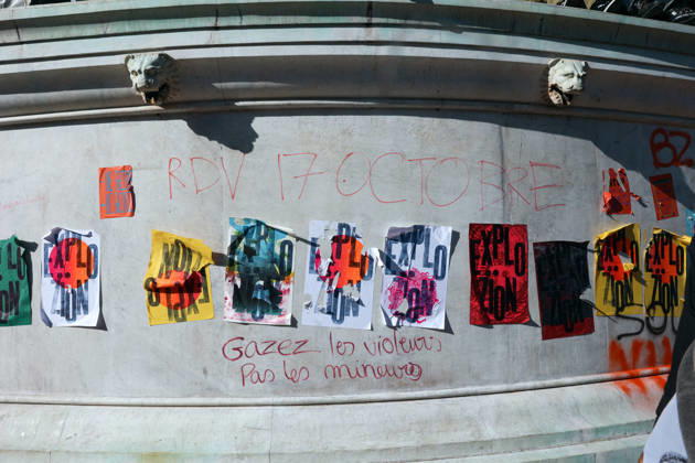 High School And University Student Protest - Paris Several pieces of graffiti on the July Column bearing the message: See you on October 17 and Gas the rapists, not the minors . Nationwide mobilization by high school and university students calling for better teaching and study conditions, increased funding and staffing, an end to overcrowded classrooms and deteriorating infrastructure, and improved access to education, amidst concerns over social inequalities and student financial insecurity in Paris, France, October 8, 2026. Photo by Christophe Michel ABACAPRESS.COM Paris ILE DE FRANCE France Copyright: xMichelxChristophe ABACAx