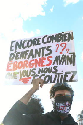 High School And University Student Protest - Paris A protester holds a sign reading How many more children must be blinded before you listen to us? at Place de la Bastille during a nationwide youth demonstration. Nationwide mobilization by high school and university students calling for better teaching and study conditions, increased funding and staffing, an end to overcrowded classrooms and deteriorating infrastructure, and improved access to education, amidst concerns over social inequalities and student financial insecurity in Paris, France, October 8, 2026. Photo by Christophe Michel ABACAPRESS.COM Paris ILE DE FRANCE France Copyright: xMichelxChristophe ABACAx