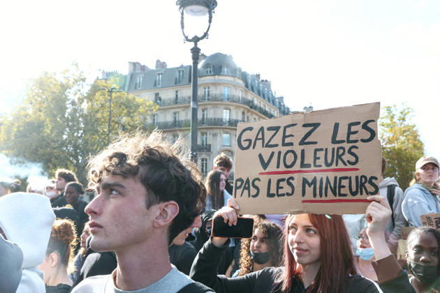High School And University Student Protest - Paris A protester holds a sign reading Gas the rapists, not the minors at Place de la Bastille during a nationwide youth demonstration. Nationwide mobilization by high school and university students calling for better teaching and study conditions, increased funding and staffing, an end to overcrowded classrooms and deteriorating infrastructure, and improved access to education, amidst concerns over social inequalities and student financial insecurity in Paris, France, October 8, 2026. Photo by Christophe Michel ABACAPRESS.COM Paris ILE DE FRANCE France Copyright: xMichelxChristophe ABACAx