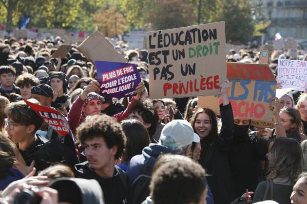 Student protests continue in France High school and university students as well as their supporters attend a demonstration at Place de la Bastille in Paris on Oct. 8, 2026, amid nationwide protests in France demanding more teachers and better facilities.  A14AA0005630497P