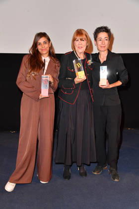 Collien Fernandes, Gisele Pelicot, and Dunja Hayali at the 2026 Brigitte Award ceremony at the Kino International in Berlin on October 8, 2026