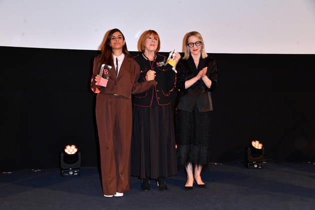 Collien Fernandes, Gisele Pelicot, and Susanna Riethmuller at the 2026 Brigitte Award ceremony at the Kino International in Berlin on October 8, 2026