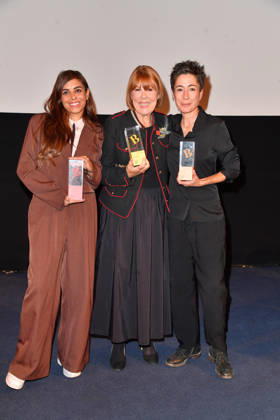 Collien Fernandes, Gisele Pelicot, and Dunja Hayali at the 2026 Brigitte Award ceremony at the Kino International in Berlin on October 8, 2026