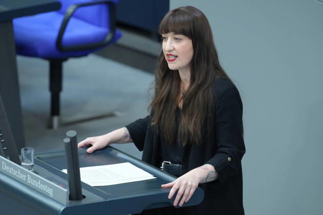 German Bundestag, 100th Plenary Session: Heidi Reichinnek of The Left is pictured delivering her speech on the Equal Opportunities and Quality Development Act during the 100th session of the German Bundestag in Berlin, October 9, 2026, Berlin, Berlin, Germany
