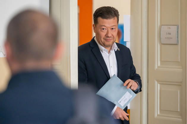 The two-day elections to municipal assemblies started in the Czech Republic together with the first round of the elections to one-third of the Senate, on October 9, 2026. On the photo comes to vote Tomio Okamura, chairman of the SPD and Speaker of the Chamber of Deputies, in Prague, Czech Republic. (CTKxPhoto OndrejxDeml) CTKPhotoP2026100905215 CTKPhotoP2026100905215