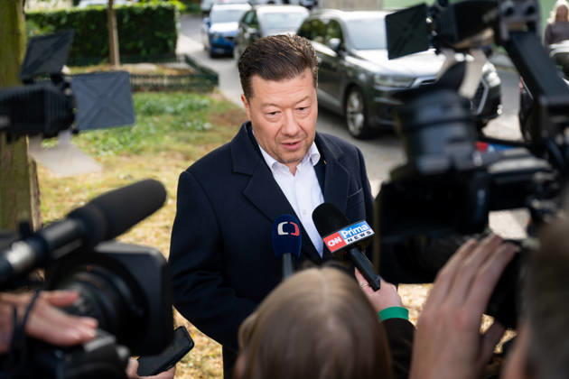 The two-day elections to municipal assemblies started in the Czech Republic together with the first round of the elections to one-third of the Senate, on October 9, 2026. On the photo Tomio Okamura, chairman of the SPD and Speaker of the Chamber of Deputies, speaks to journalists outside a polling station in Prague, Czech Republic. (CTKxPhoto OndrejxDeml) CTKPhotoP2026100905232 CTKPhotoP2026100905232