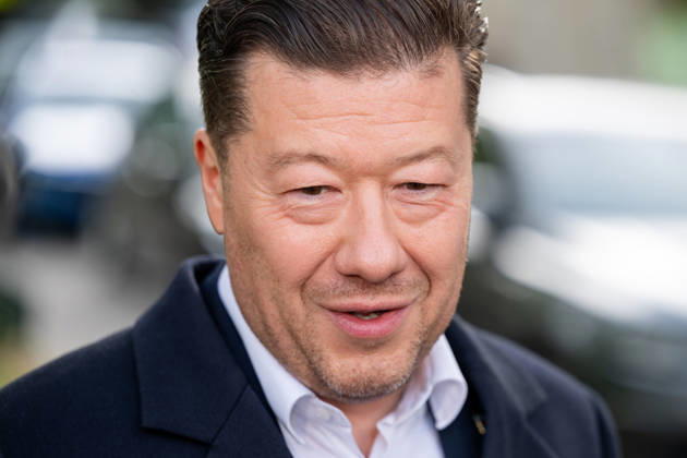 The two-day elections to municipal assemblies started in the Czech Republic together with the first round of the elections to one-third of the Senate, on October 9, 2026. On the photo Tomio Okamura, chairman of the SPD and Speaker of the Chamber of Deputies, speaks to journalists outside a polling station in Prague, Czech Republic. (CTKxPhoto OndrejxDeml) CTKPhotoP2026100905236 CTKPhotoP2026100905236