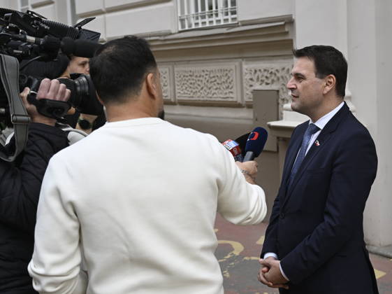 The two-day elections to municipal assemblies started in the Czech Republic together with the first round of the elections to one-third of the Senate, on October 9, 2026. On the photo Czech Foreign Minister and Chairman of the Motorists for themselves party Petr Macinka speaks with reporters after casting his vote in Prague. (CTKxPhoto MichalxKrumphanzl) CTKPhotoP2026100906831 CTKPhotoP2026100906831
