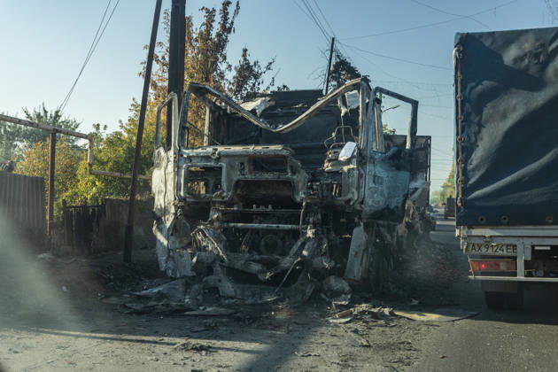 Aftermath of Russian drone strike in Ukraine KRAMATORSK, UKRAINE - OCTOBER 9: A burnt-out lorry following a Russian drone strike on a road in Kramatorsk, Ukraine, 9 October 2026 Diego Herrera Carcedo Anadolu Kramatorsk Ukraine. Editorial use only. Please get in touch for any other usage.  Copyright: x2026xAnadoluxDiegoxHerreraxCarcedox