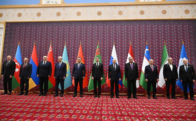 (L-R) Azerbaijani President Ilham Aliyev, Armenian Prime Minister Nikol Pashinyan, Belarusian President Aleksandr Lukashenko, Kazakh President Kassym-Jomart Tokayev, Kyrgyz President Sadyr Japarov, host Turkmen President Serdar Berdimuhamedov, Russian President Vladimir Putin, Tajik President Emomali Rahmon, Uzbek President Shavkat Mirziyoyev, guest of honor Iranian President Masoud Pezeshkian, and CIS Secretary-General Sergey Lebedev pose for an official family photograph during the Commonwealth of Independent States (CIS) Council of Heads of State summit in the Awaza National Tourist Zone near Turkmenbashi, Turkmenistan on Friday, October 9, 2026.  TUR2026100905 KremlinxPressxOffice