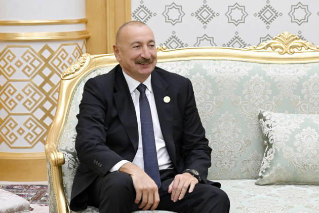 October 9, 2026, Turkmenbashi, Turkmenistan: Azerbaijani President Ilham Aliyev sits during a bilateral meeting with Iranian President Masoud Pezeshkian in Turkmenbashi, Turkmenistan, on October 9, 2026. According to Azerbaijan s presidency, the leaders reviewed recent bilateral contacts and a recent visit by an Azerbaijani delegation to Iran, said work on the Aghband-Kalaleh project had reached its final stage and discussed follow-up on agreements from their previous meeting in Bishkek. Aliyev also noted Iran s first participation as a non-member state in the CIS Plus format. Turkmenbashi Turkmenistan - ZUMAi98_ 20261009_zih_i98_094 Copyright: xIranianxPresidencyx