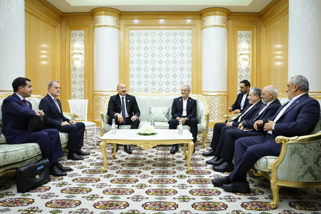 October 9, 2026, Turkmenbashi, Turkmenistan: Azerbaijani President Ilham Aliyev, center left, and Iranian President Masoud Pezeshkian, center right, sit with members of their delegations during a bilateral meeting in Turkmenbashi, Turkmenistan, on October 9, 2026. According to Azerbaijan s presidency, the leaders reviewed recent bilateral contacts and a recent visit by an Azerbaijani delegation to Iran, said work on the Aghband-Kalaleh project had reached its final stage and discussed follow-up on agreements from their previous meeting in Bishkek. Aliyev also noted Iran s first participation as a non-member state in the CIS Plus format. Turkmenbashi Turkmenistan - ZUMAi98_ 20261009_zih_i98_088 Copyright: xIranianxPresidencyx
