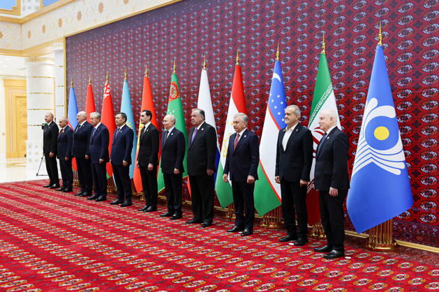 (L-R) Azerbaijani President Ilham Aliyev, Armenian Prime Minister Nikol Pashinyan, Belarusian President Aleksandr Lukashenko, Kazakh President Kassym-Jomart Tokayev, Kyrgyz President Sadyr Japarov, host Turkmen President Serdar Berdimuhamedov, Russian President Vladimir Putin, Tajik President Emomali Rahmon, Uzbek President Shavkat Mirziyoyev, guest of honor Iranian President Masoud Pezeshkian, and CIS Secretary-General Sergey Lebedev pose for an official family photograph during the Commonwealth of Independent States (CIS) Council of Heads of State summit in the Awaza National Tourist Zone near Turkmenbasy, Turkmenistan on Friday, October 9, 2026.  TUR2026100922 ThexIranianxPresidency