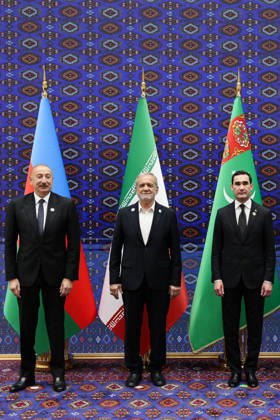 October 9, 2026, Turkmenbashi, Turkmenistan: Azerbaijani President Ilham Aliyev, left, Iranian President Masoud Pezeshkian, center, and Turkmen President Serdar Berdimuhamedov pose for photographs during the Caspian Environmental Summit in the Avaza National Tourist Zone in Turkmenbashi, Turkmenistan, on October 9, 2026. The first Caspian Environmental Summit, chaired by Turkmen President Serdar Berdimuhamedov, brought together the presidents of Azerbaijan, Iran, Kazakhstan and Russia. The leaders adopted a joint decision aimed at strengthening five-party cooperation on falling Caspian Sea levels, while Pezeshkian called for joint scientific research, data sharing, coordinated action and stronger implementation of the Tehran Convention. Tu - ZUMAi98_ 20261009_zih_i98_084 Copyright: xIranianxPresidencyx