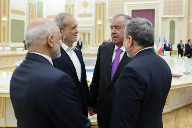 October 9, 2026, Turkmenbashi, Turkmenistan: Iranian President Masoud Pezeshkian speaks with Tajik President Emomali Rahmon and other delegates on the sidelines of the CIS Council of Heads of State meeting in the Avaza National Tourist Zone in Turkmenbashi, Turkmenistan, on October 9, 2026. The meeting, chaired by Turkmen President Serdar Berdimuhamedov, brought together leaders of CIS states and CIS Secretary General Sergey Lebedev, with Pezeshkian participating for the first time as a special guest. Turkmenbashi Turkmenistan - ZUMAi98_ 20261009_zih_i98_073 Copyright: xIranianxPresidencyx
