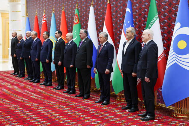 October 9, 2026, Turkmenbashi, Turkmenistan: CIS leaders and Iranian President Masoud Pezeshkian stand for a group photograph in front of national and CIS flags in the Avaza National Tourist Zone in Turkmenbashi, Turkmenistan, on October 9, 2026. The meeting, chaired by Turkmen President Serdar Berdimuhamedov, brought together leaders of CIS states and CIS Secretary General Sergey Lebedev, with Pezeshkian participating for the first time as a special guest. Turkmenbashi Turkmenistan - ZUMAi98_ 20261009_zih_i98_013 Copyright: xIranianxPresidencyx