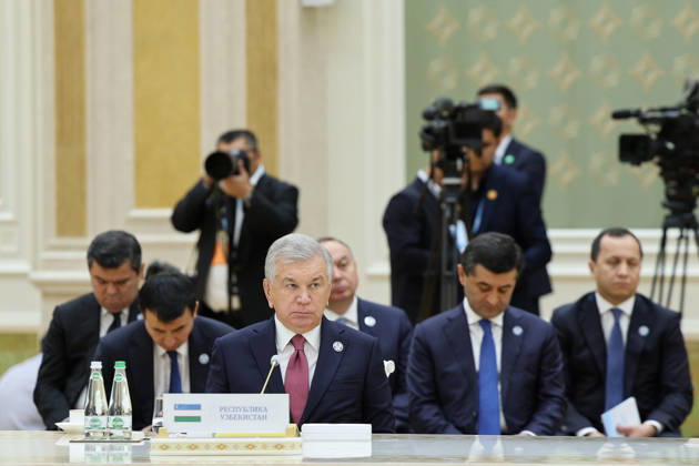 October 9, 2026, Turkmenbashi, Turkmenistan: Uzbek President Shavkat Mirziyoyev sits behind Uzbekistan s nameplate during the CIS Council of Heads of State meeting in the Avaza National Tourist Zone in Turkmenbashi, Turkmenistan, on October 9, 2026. The meeting, chaired by Turkmen President Serdar Berdimuhamedov, brought together leaders of CIS states and CIS Secretary General Sergey Lebedev, with Pezeshkian participating for the first time as a special guest. Turkmenbashi Turkmenistan - ZUMAi98_ 20261009_zih_i98_033 Copyright: xIranianxPresidencyx
