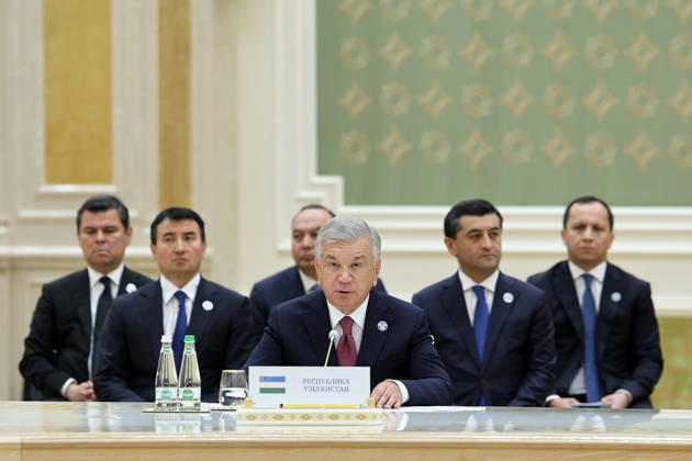 October 9, 2026, Turkmenbashi, Turkmenistan: Uzbek President Shavkat Mirziyoyev speaks behind Uzbekistan s nameplate during the CIS Council of Heads of State meeting in the Avaza National Tourist Zone in Turkmenbashi, Turkmenistan, on October 9, 2026. The meeting, chaired by Turkmen President Serdar Berdimuhamedov, brought together leaders of CIS states and CIS Secretary General Sergey Lebedev, with Pezeshkian participating for the first time as a special guest. Turkmenbashi Turkmenistan - ZUMAi98_ 20261009_zih_i98_047 Copyright: xIranianxPresidencyx