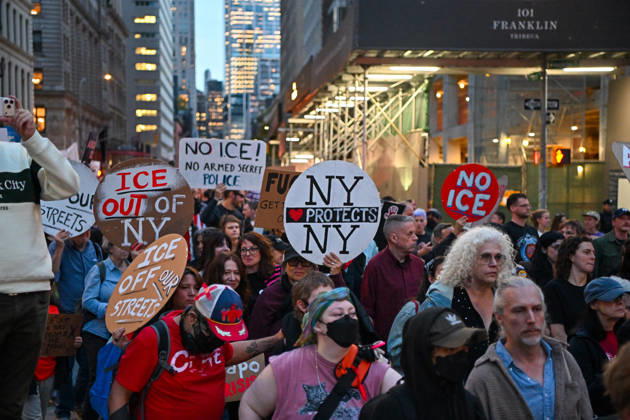Thousands of New York protesters rally against ICE after Bronx shooting NEW YORK, UNITED STATES - OCTOBER 9: Thousands of people gathered at Foley Square to demand the withdrawal of US Immigration and Customs Enforcement (ICE) from the city, a day after an ICE officer shot a Dominican Republic national in the neck in the Bronx in New York, United States on October 9, 2026. Waleed Zein Anadolu New York United States. Editorial use only. Please get in touch for any other usage.  Copyright: x2026xAnadoluxWaleedxZeinx