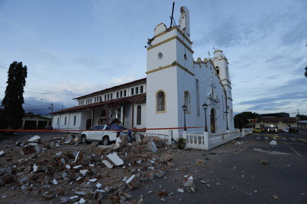 (261010) -- PANAMA CITY, Oct. 10, 2026 -- This photo taken on Oct. 9, 2026 shows a bell tower of a church collapsed after a strong earthquake in Penonome, central Cocle Province of Panama. A powerful earthquake and a series of strong aftershocks rattled Panama on Friday, sending residents into the streets, disrupting water supplies and briefly halting flights as the government mobilized emergency personnel and resources. The University of Panama s Institute of Geosciences measured the initial quake at magnitude 7.2. It struck at 12:56 p.m. local time (1756 GMT) at a depth of 4 kilometers. By 5:30 p.m. local time, more than 40 earthquakes had been recorded, including over a dozen with magnitudes above 5.0. A quake at 3:25 p.m. had a magni 