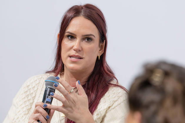 Frankfurt Book Fair 2026: Liz Tomforde discusses her book *Cardinal Rule* in an interview at the Thalia Verlag booth, Frankfurt am Main, Hesse, Germany, Exhibition Center
